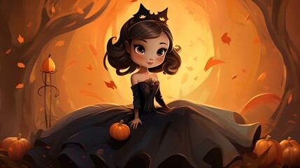 cute Halloween princess wearing beautiful gown walking in autumn forset, Generative Ai