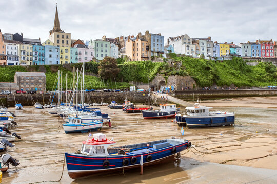 Boats moored in Tenby harbour at low tide in summer, Pembrokeshire Coast National Park in Wales