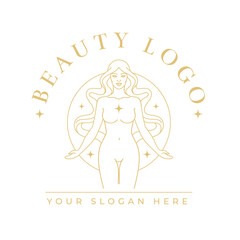 Beautiful woman with long hair logo. Antique Retro style Greek goddess sign. Elegant female face and naked body monochrome hand drawn magical emblem.