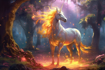 Obraz na płótnie Canvas A unicorn standing in the middle of a forest. Generative AI.