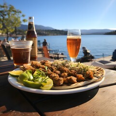 Souvlaki delicious food in the background of the beautiful greek coast