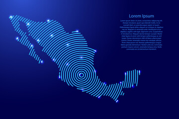 Mexico map from futuristic concentric blue circles and glowing stars for banner, poster, greeting card