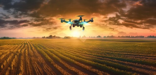 Fototapeta na wymiar Agriculture drone fly to sprayed fertilizer on row of cassava tree. smart farmer use drone for various fields like research analysis, terrain scanning technology. Created with Generative AI technology