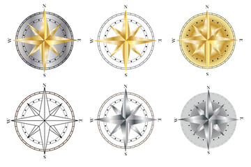 Compass icons set. Compass rose sign. Windrose symbol. Nautical wind rose icon. Vintage compass. Compasses for travel map. Navigation arrow symbols.