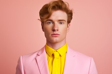 Confident handsome Caucasian stylish rich man professional guy male model in trendy yellow suit successful businessman CEO isolated against pink wall background backdrop style fashion business success