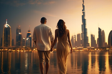 Young couple traveling and walking in Dubai, United Arab Emirates. Mega city with Burj Khalifa in background. Man and woman view from behind. Sunset summer background. Generative AI