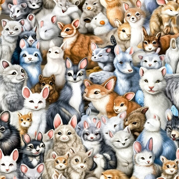 Seamless pattern with a bunch of fluffy cartoon animals sitting tightly on top of each other. AI generated.