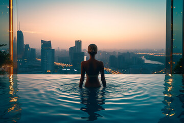 A person enjoying the view from a luxury hotel rooftop pool.