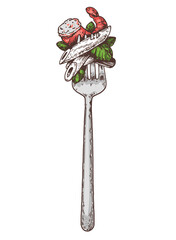 Italian pasta with shrimp on a fork. Hand drawn vector illustration. Italian food. Seafood. Penne pasta on a fork sketch. Design element.