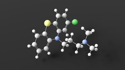 chlorpromazine molecule, molecular structure, phenothiazines, ball and stick 3d model, structural chemical formula with colored atoms