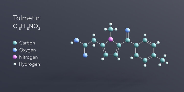 tolmetin molecule 3d rendering, flat molecular structure with chemical formula and atoms color coding