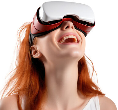 Portrait Of A Smiling Pretty Red Haired Woman Wearing A VR Headset, Isolated On White Background As Transparent PNG, Fictional Person