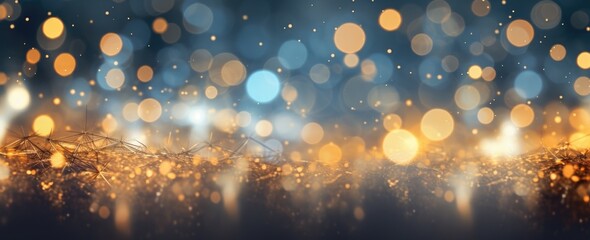 Christmas lights background in blue and gold. Creative AI