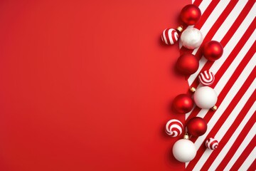 festive christmas background with candy cane and baubles, in the style of red. Generative AI