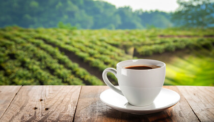 Coffee cup on wooden table, plantations background