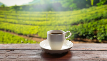 Coffee cup on wooden table, plantations background