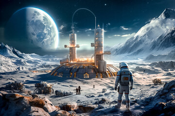 Paysage lunaire en 2042 - Sur la lune dans le future avec vue de la terre - Générative IA