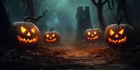 Halloween Pumpkins On Wood In A Spooky Forest At Night, generative ai
