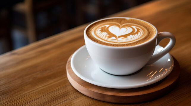 A cup of latte coffee on the table in a coffee shop new quality universal colorful technology illustration design generative ai