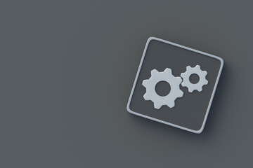 Cogwheel on metallic button. Technology progress. Factory development. Precise mechanism. Professional repair. Service option. Workflow optimization. Top view. Copy space. 3d render