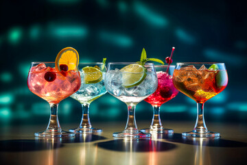 Cocktails colorés alignés dans un bar - Générative IA
