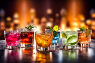 Cocktails colorés alignés dans un bar - Générative IA