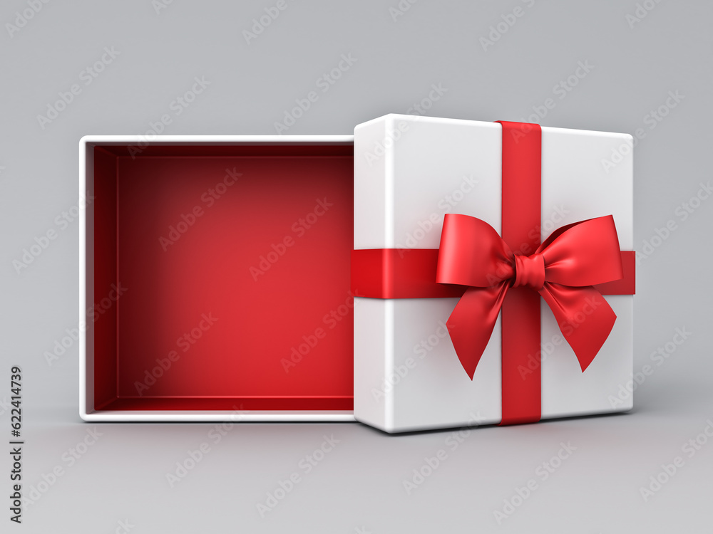 Poster White gift box open with blank red bottom box or top view of present box tied with red ribbon and bow isolated on grey white background with shadow minimal conceptual 3D rendering