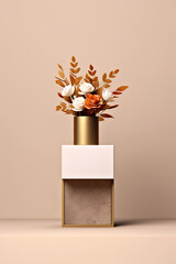 A vase filled with flowers on top of a table. Generative AI. Monochromatic natural beige and golden color shades.