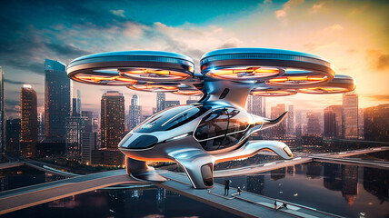 Transport du futur - Navette autonome - Taxi volant au dessus de la ville - Générative IA - obrazy, fototapety, plakaty