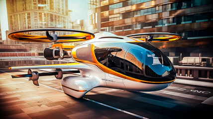 Fototapeta premium Transport du futur - Navette autonome - Taxi volant au dessus de la ville - Générative IA