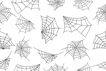 Halloween spider web seamless pattern. white background and black cobweb. Seamless vector background. 