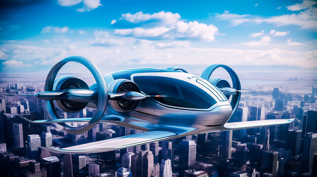 Transport du futur - Navette autonome - Taxi volant au dessus de la ville - G&eacute;n&eacute;rative IA