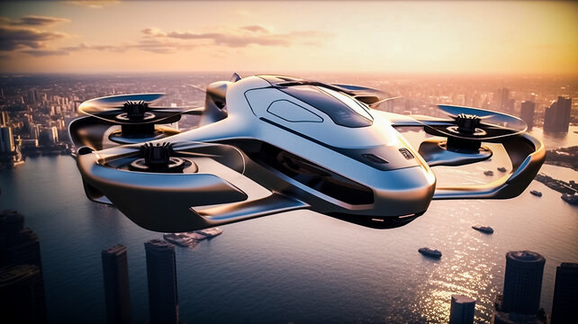 Transport du futur - Navette autonome - Taxi volant au dessus de la ville - G&eacute;n&eacute;rative IA