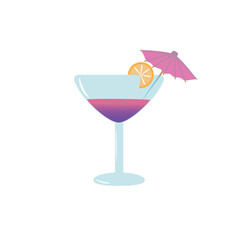 A glass with an alcoholic drink, a pink umbrella and a slice of lemon on the rim. Vector illustration