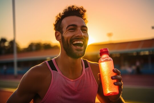 a photo of a latino male sprinter athlete on a track holding in his hand and drinking cold isotonic sports water drink. sweaty after exercises. blurry stadium background. Generative AI