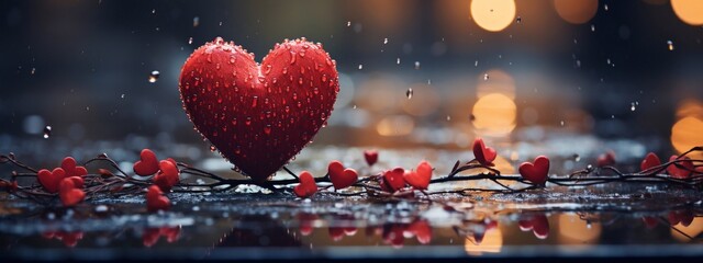 Photo of red Heart on land focus of heart with rain best background wallpaper. Valentines day concept. generative ai
