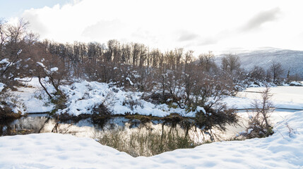 Fototapeta na wymiar Lago en invierno nevado