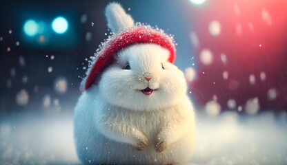 Fototapeta premium A cute smiling rabbit in a knitted hat and sweater rejoices over the snow against the background of a winter street with colored lights.Generative AI