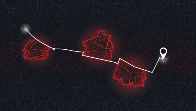 City Navigation and GPS map: Vector Illustrations of Urban Districts, Roads, and Landmarks. Top-Down View . Closed area, district, road. Detailed view of city from above. City top view. Red Sign.