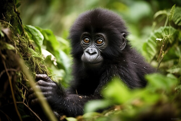 Obraz premium Adorable cub of a mountain gorilla playing in the forest. Cute portrait. Amazing African Wildlife. Generative Ai
