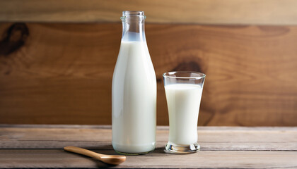 Milk bottle and milk glass on wooden table. Healthy eating concept