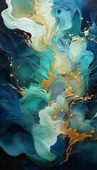 Wet paint splash art, shades of blue and gold paint layers art