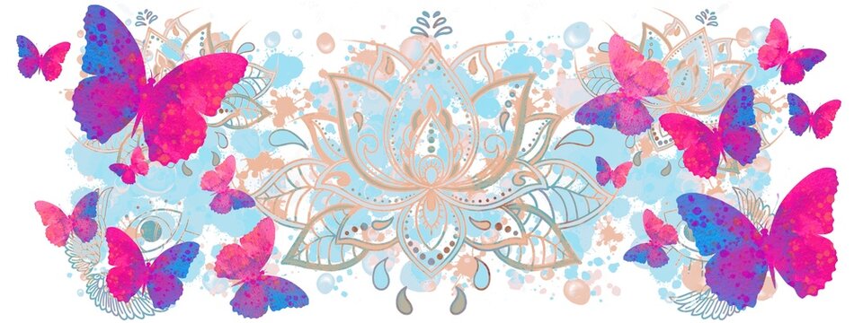 abstract background, botanical, flowers, butterfly. Holiday, ramadan, yoga, birthday, wedding illustration.