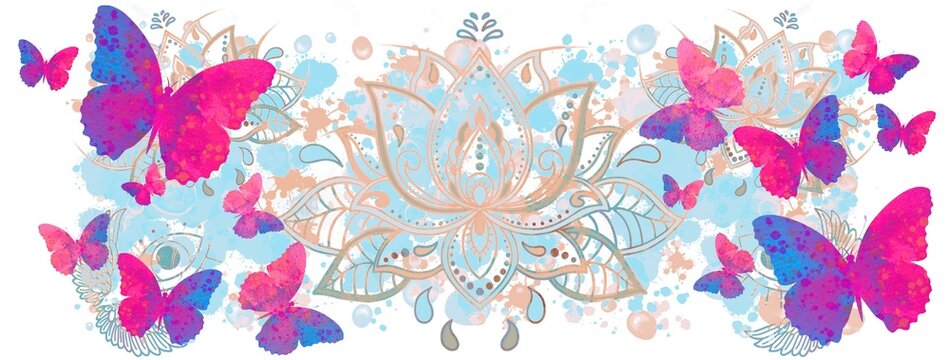 Lotus flowers and butterflies. Floral watercolour background. Horizontally banner. Yoga, Ramadan, Tarot, tattoo template.