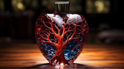 Beautiful Glass Wine Decanter In Heart, Tree Shape On Wooden Table. It Aerate Red Wine By Bringing It Into Contact With Air. Ai Generated. Drink Vessel, Vase Horizontal