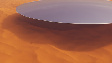 Silver ufo unidentified flying object desert sand dune landscape orange arrival aliens astronaut 3d illustration render digital rendering © paul