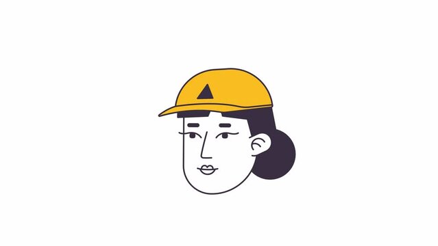 Pretty lady wearing baseball cap line 2D avatar icon animation. Girl flat linear cartoon 4K video, alpha channel. Summertime young adult woman animated person facial expression on white background