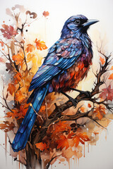 A painting of a bird sitting on a tree branch. Generative AI.