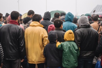 Fototapeta premium Crowd of homeless refugees view from the back with staff and children. Refugees and economy crisis.