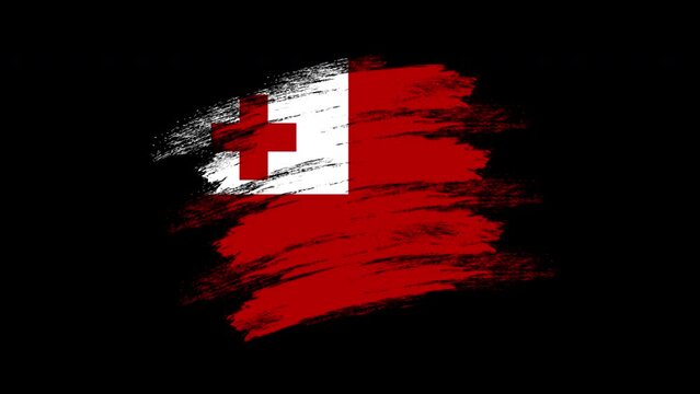 4K Paint Brush Tonga Flag with Alpha Channel. Waving Brushed Tongan Banner. Transparent Background Texture Fabric Pattern High Detail.